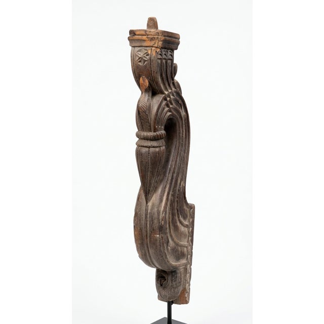 Monumental 46" Antique Indian Hand-Carved Lotus & Bird Architectural Corbel on Iron Stand For Sale - Image 4 of 4