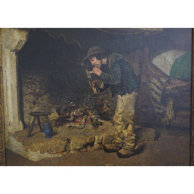 Traditional Vintage Aloysius O’kelly Oil on Canvas Painting of Man by Fireplace - Signed For Sale - Image 3 of 11