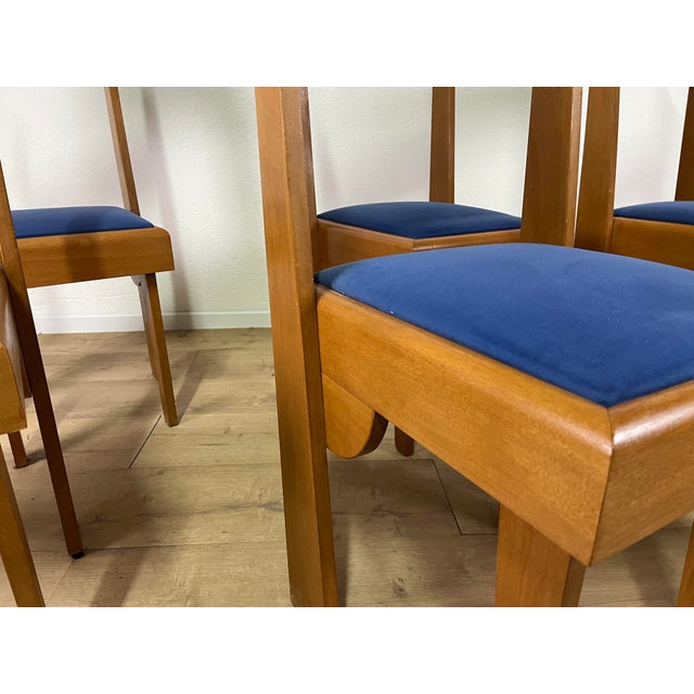 Postmodern Vintage Chairs in Wood and Blue Velvet, 1980s, Set of 6 For Sale - Image 3 of 9