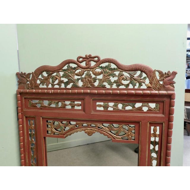 Antique Oriental Painted Red Lacquer Mirror, 1800s For Sale - Image 3 of 8
