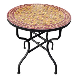 32" Handcrafted Honey and Burgundy Rafraf Moroccan Mosaic Table For Sale
