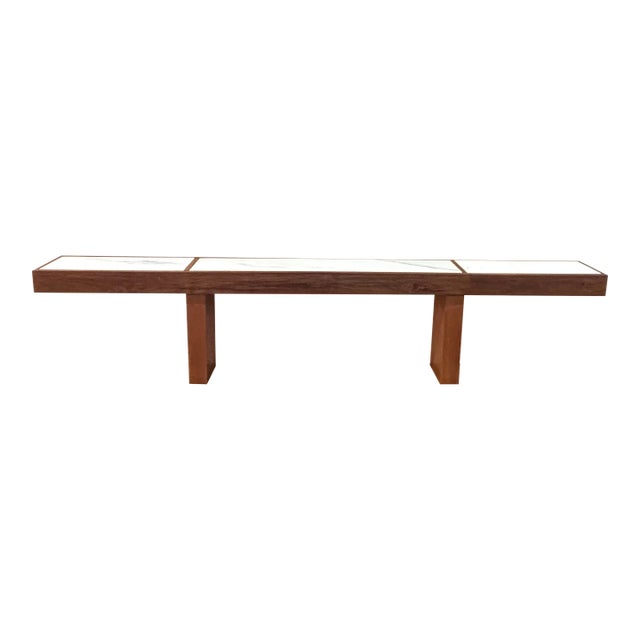 1960s Midcentury Extra-Long Walnut Marble-Top Console Table For Sale