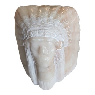 Hand Carved Alabaster Sculpture of Native American Chief Signed l.h. On Back For Sale