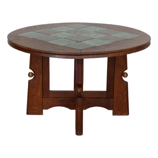 1950s French Adjustable Oak and Tile Table by Guillerme Et Chambron For Sale