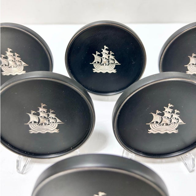 1960s Vintage Nautical Silver Ship Coasters – Swedish Lerstorp Black Bakelite/Isolite Scandinavian Barware - Set of 6 For Sale - Image 5 of 9