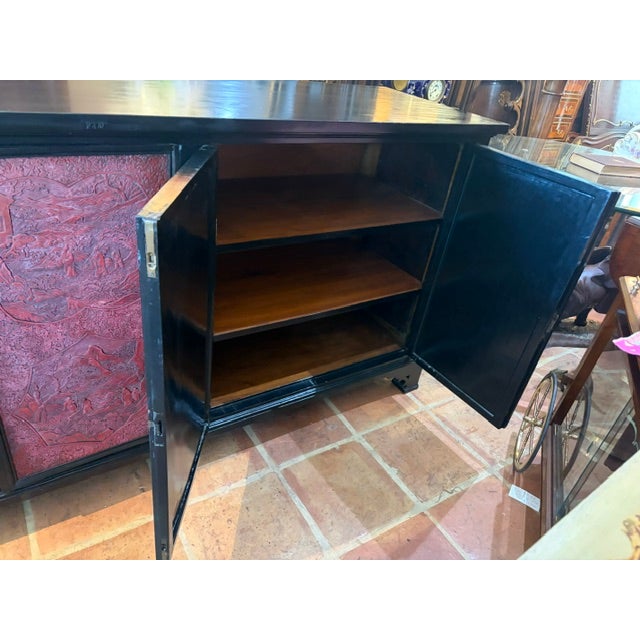 Asian Antique 1950s Rare Large Asian Black Lacquer & Cinnabar Four Door Server, Console 70 Inch Long For Sale - Image 3 of 9