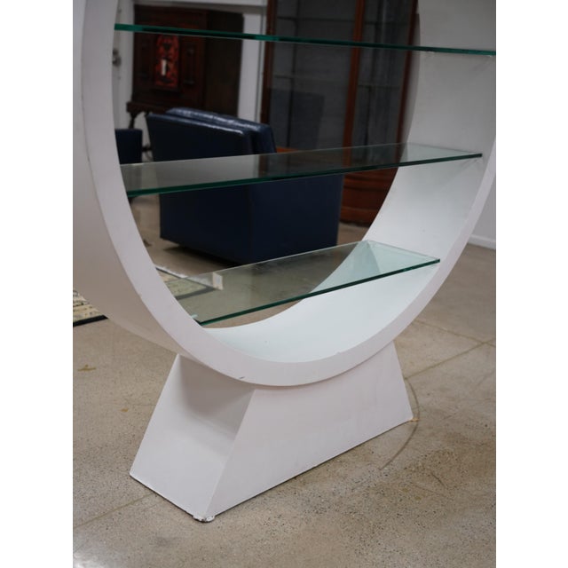 Post-Modern White-Painted Freestanding Round Etagere contemporary; with four glass shelves; manufacturer unknown...