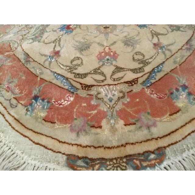 19th Century Vintage Oval Shaped Persian Tabriz Rug, Hand-Knotted Wool & Silk, Floral Pattern, Ivory & Pale Pink, 3x5 For Sale - Image 5 of 8