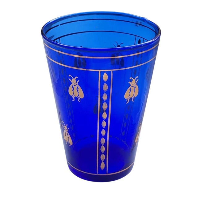Glass Vintage Boho Mid Century Hand Blown Cobalt Blue Glass Vase With Gold Honey Bee Accents For Sale - Image 7 of 18