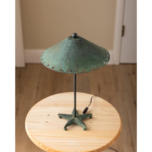 Vintage Verdigris Copper Alloy Brutalist Star Table Lamp For Sale - Image 4 of 11