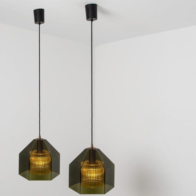 1960s Swedish Green Tinted Glass & Brass Pendant Lamp attributed to Carl Fagerlund for Orrefors, 1960s For Sale - Image 5 of 18