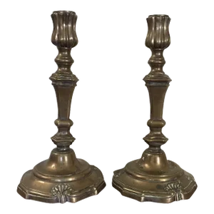 Antique 18th Century French Louis XV Bronze Candlesticks in the Rococo Manner 1750 - a Pair