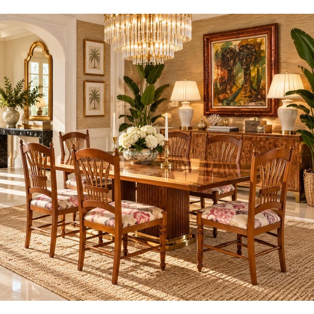 Beautiful set of six vintage Italian-made dining chairs featuring an elegant French Country design with intricately carved...