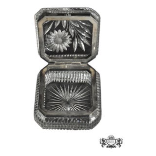 Antique Brilliant Cut Glass Lidded Box W/Silver Plate Trim For Sale