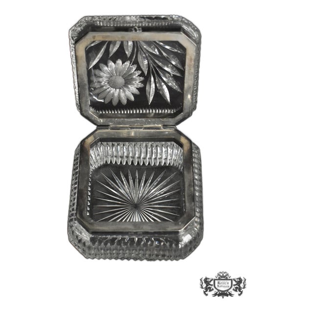 Antique Brilliant Cut Glass Lidded Box W/Silver Plate Trim For Sale