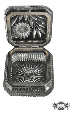 Antique Brilliant Cut Glass Lidded Box W/Silver Plate Trim