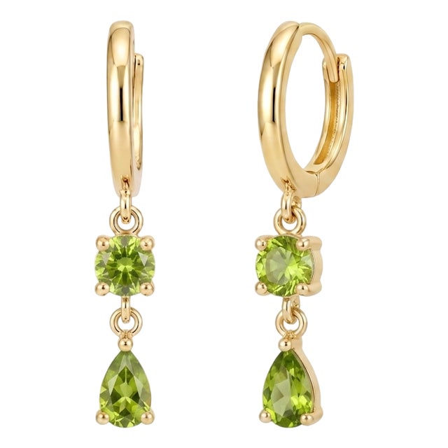 Green Peridot Teardrop Huggie Earrings | Two Stone Drop Earrings | August Birthday Earrings - A Pair For Sale