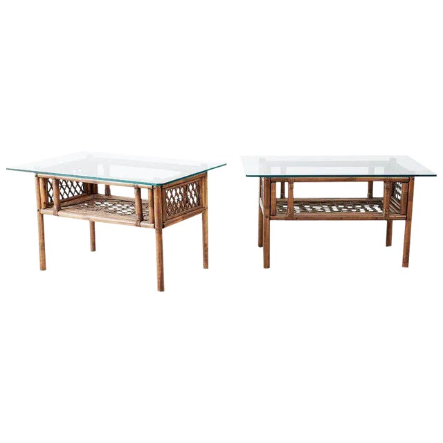 Pair of Brown Jordan Style Bamboo Rattan Side Tables For Sale