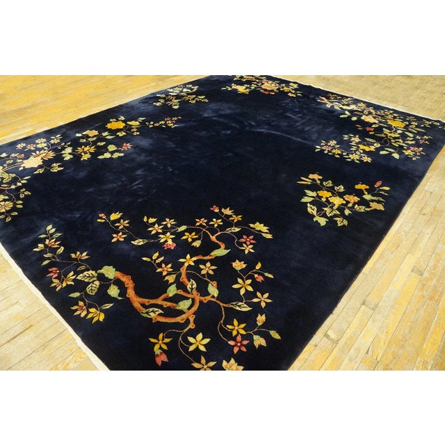 Art Deco 1920s Navy Blue Floral Tree Antique Chinese Art Deco Carpet 8' 10'' X 11' 7'' Knotted Wool Rug For Sale - Image 3 of 9