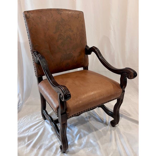 20th Century Louis XIII Style Tooled Leather Os De Mouton Armchair For Sale - Image 12 of 14