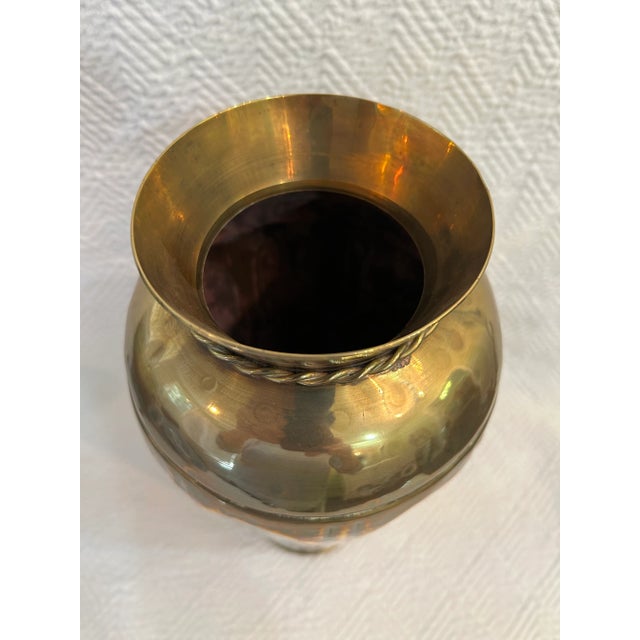 Metal Vintage Late 20th Century Hammered Brass Urn Vase With Rope and Tassel Trim For Sale - Image 7 of 8