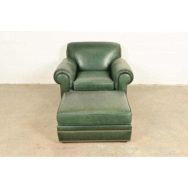1980s Century Furniture Art Deco Studded Leather Lounge Chair With Ottoman For Sale - Image 5 of 12