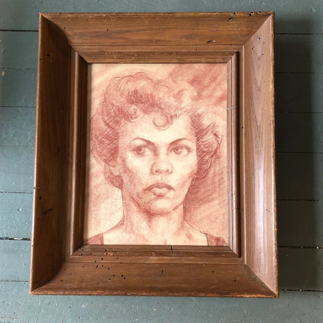 1950s Original Vintage Sepia Conte Drawing Female Portrait Modernist Worm Wood Frame 1950’s For Sale - Image 5 of 5