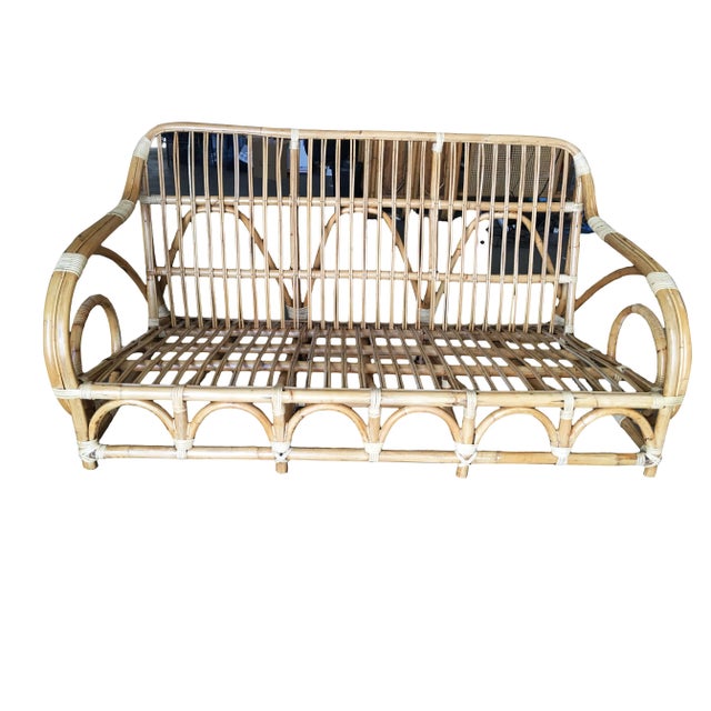 Restored Vintage 1950s Two-Strand "Circles and Speed" Three Seat Rattan Sofa For Sale In Los Angeles - Image 6 of 9