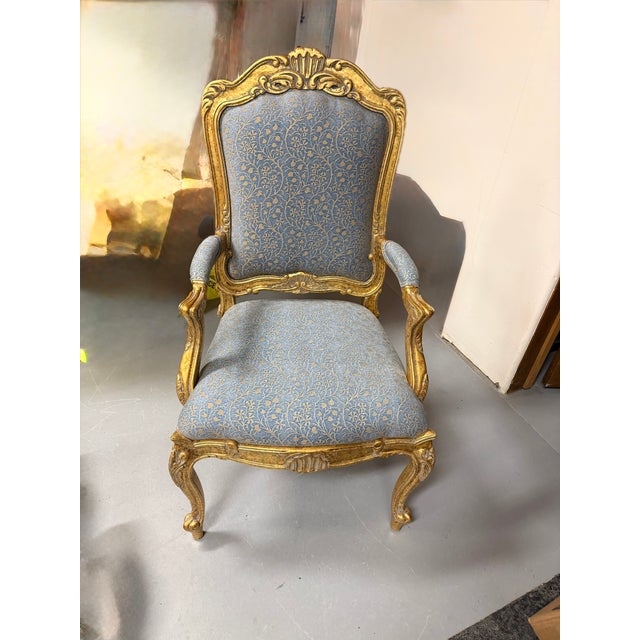 8 Custom arm chairs in Portuguese Gold, upholstered in Fortuny Grenada Blue with Silvery Gold