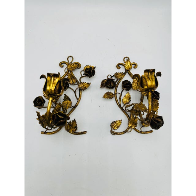 Italian Italian Gold Tole Candle Sconces, a Pair For Sale - Image 3 of 9