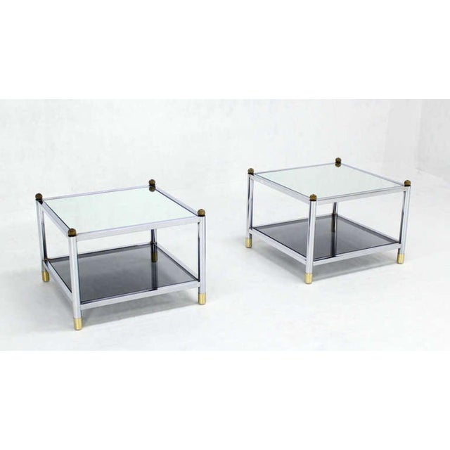 Metal Square Chrome & Brass Smoked Glass Shelf Mirrored Top End Side Tables - A Pair For Sale - Image 7 of 9
