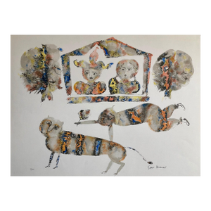 Sakti BurmanContemporary Indian Art Master Lithograph in Color Abstract Figures with Cat, c.1960's