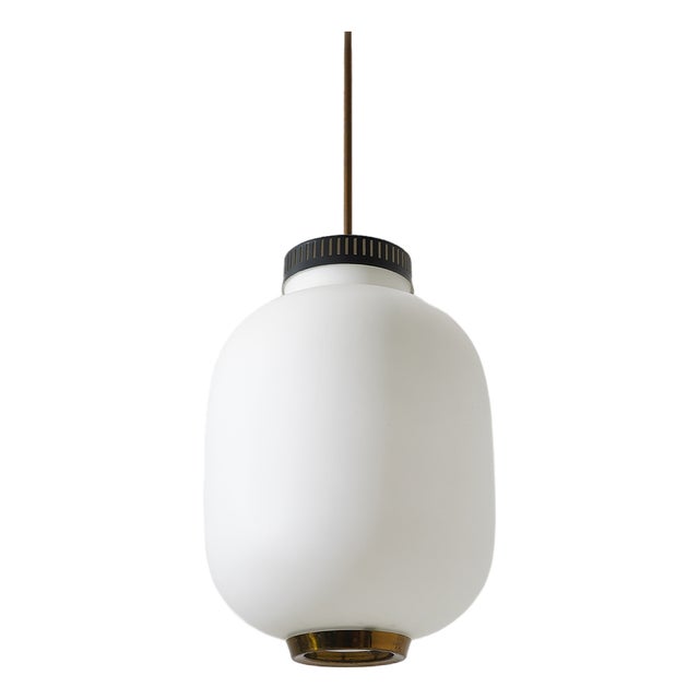 Chandelier in White Opaline Glass and Brass, 1950s For Sale