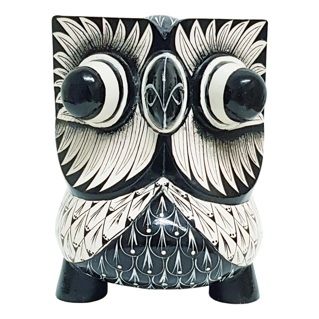 Hand-Painted Monochrome Wooden Owl For Sale