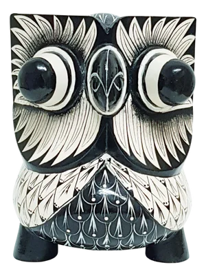 Hand-Painted Monochrome Wooden Owl