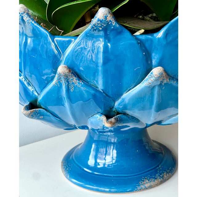 2020s Italian Majolica Artichoke Pedestal Bowl, Mediterranean Blue For Sale - Image 5 of 6