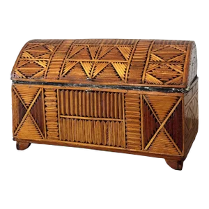 Vintage Tramp Art Trinket Box of Match-Sticks in Bold Geometric Pattern