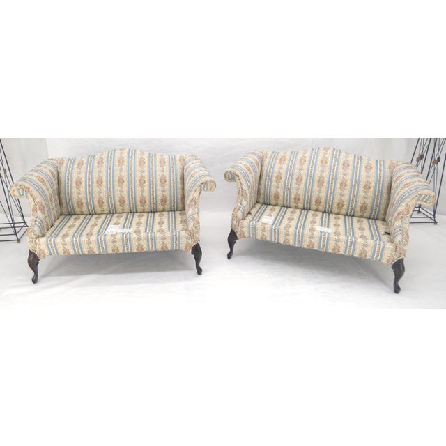 Late 20th Century Pair of Camelback Loveseat Blue & White Striped & Floral Upholstery MINT! For Sale - Image 5 of 18