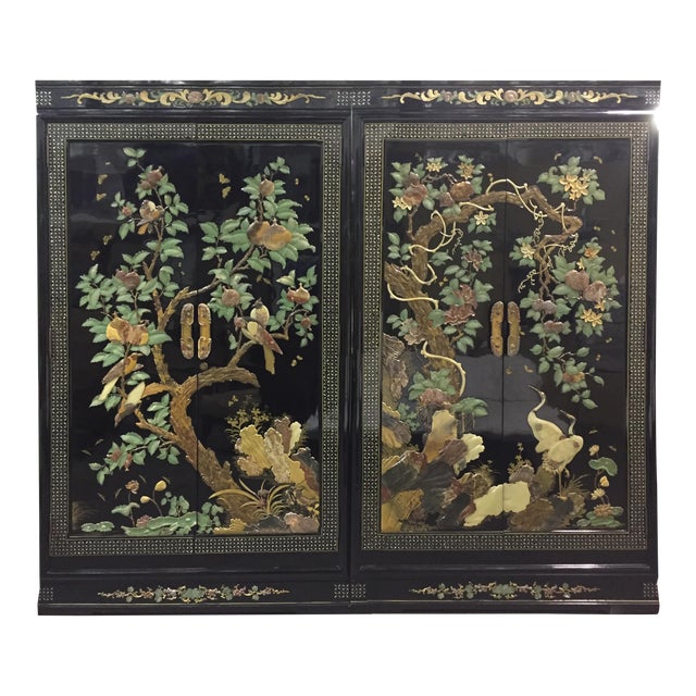 Vintage Chinoiserie Black Lacquer Mother of Pearl Inlay Wardrobe Armoire - Pair Available | Chairish