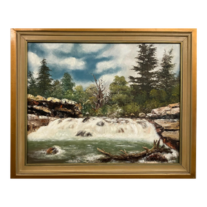 Vintage Large Landscape Oil Painting of Waterfall by Walter