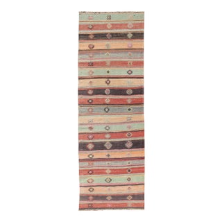 Colorful Vintage Embroidered Kilim Runner With Stripe's and Geometric Prints For Sale