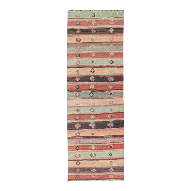 Colorful Vintage Embroidered Kilim Runner With Stripe's and Geometric Prints For Sale