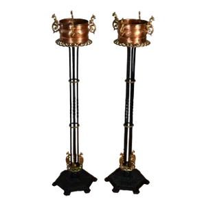 1910s Pair of Arts & Crafts Cast Iron and Copper Planters / Stands