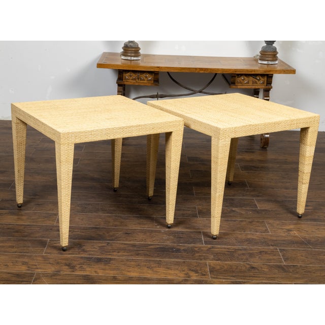 Pair of Baker Furniture Midcentury Wicker Side Tables with Tapered Legs For Sale - Image 9 of 10