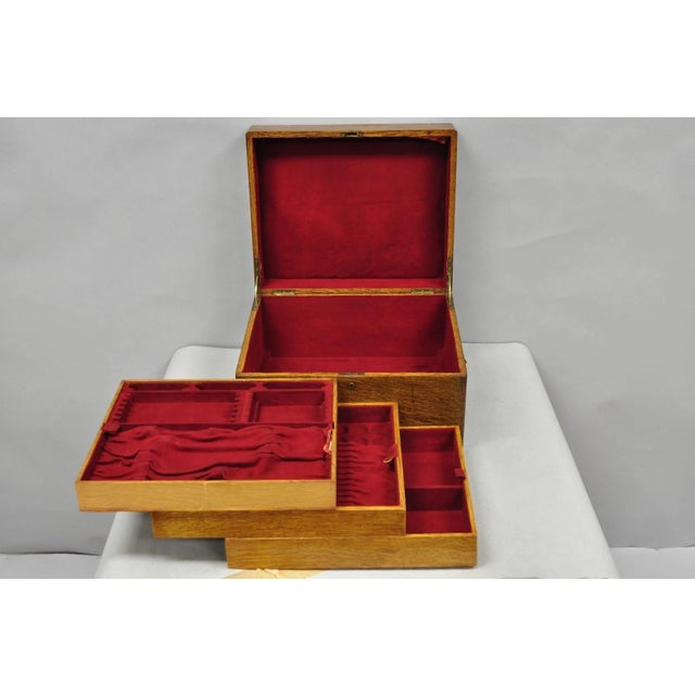 Antique Arts & Crafts Quartersawn Oak Wood Fitted Interior Silverware Flatware Chest Box with Yale & Towne Lock (no key)...