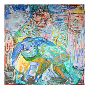 Roberto Juarez, Large Colorful 1983 Neo Expressionist Roberto Juarez Oil Painting Tron Family, 1983