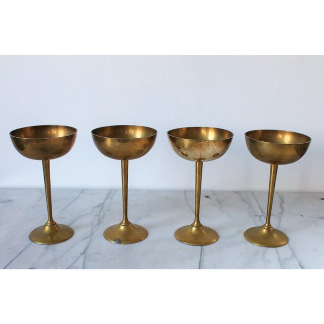 Vintage Oval Faux Bamboo Brass Serving Tray W/ Set of Four Brass Champagne Coupes For Sale - Image 4 of 12
