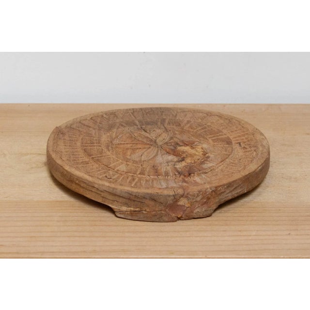 Aged Brown Round Wooden Plate For Sale - Image 4 of 5