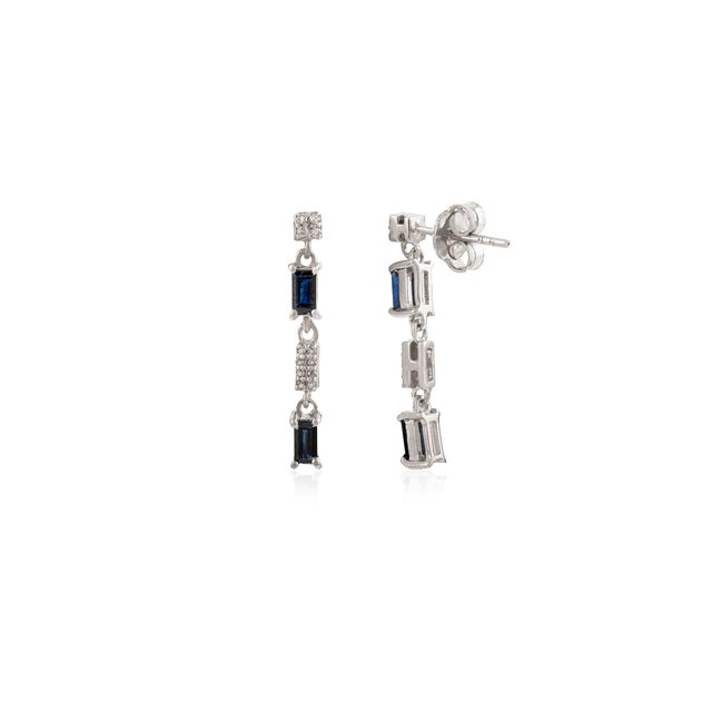 Modern 925 Sterling Silver Sapphire & Diamond Baguette Cut Linear Drop Earrings- 2 Pieces For Sale - Image 3 of 9