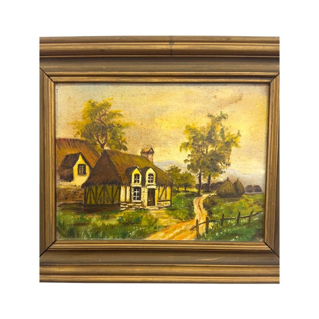 Wood Vintage Unsigned Cottage Landscape Oil Painting – Framed European Countryside Scene. For Sale - Image 7 of 7
